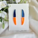 Blue and Neon Orange Acrylic Curved Statement Earrings - Minimalist Drop Dangles