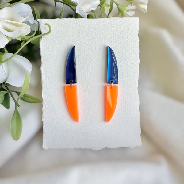 Blue and Neon Orange Acrylic Curved Statement Earrings - Minimalist Drop Dangles