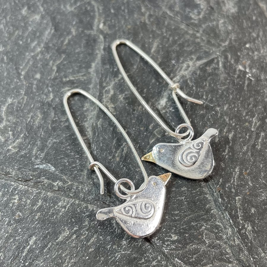 Sterling silver and gold Diddy Birds on long earwires