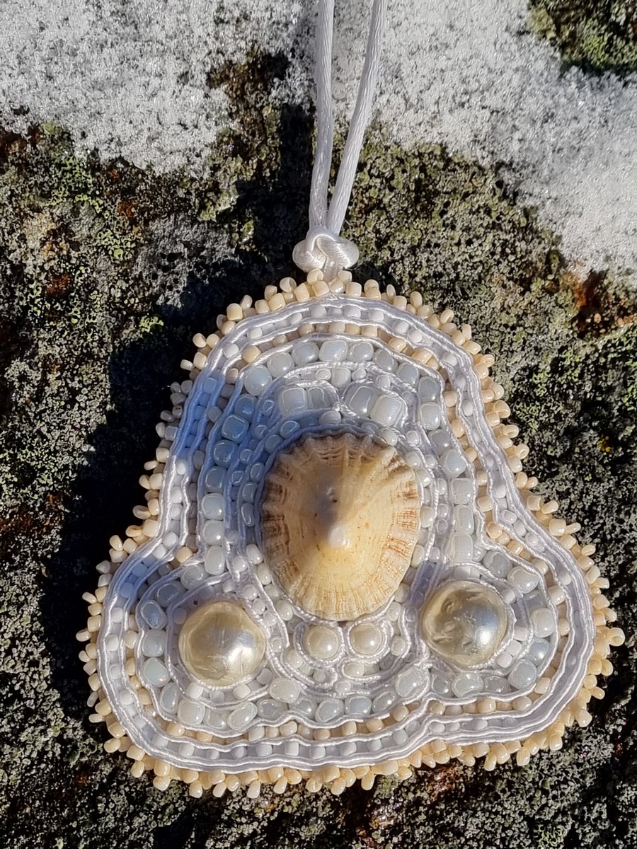 “White Peace” – Handmade Sea Shell Amulet with Soutache & Beads