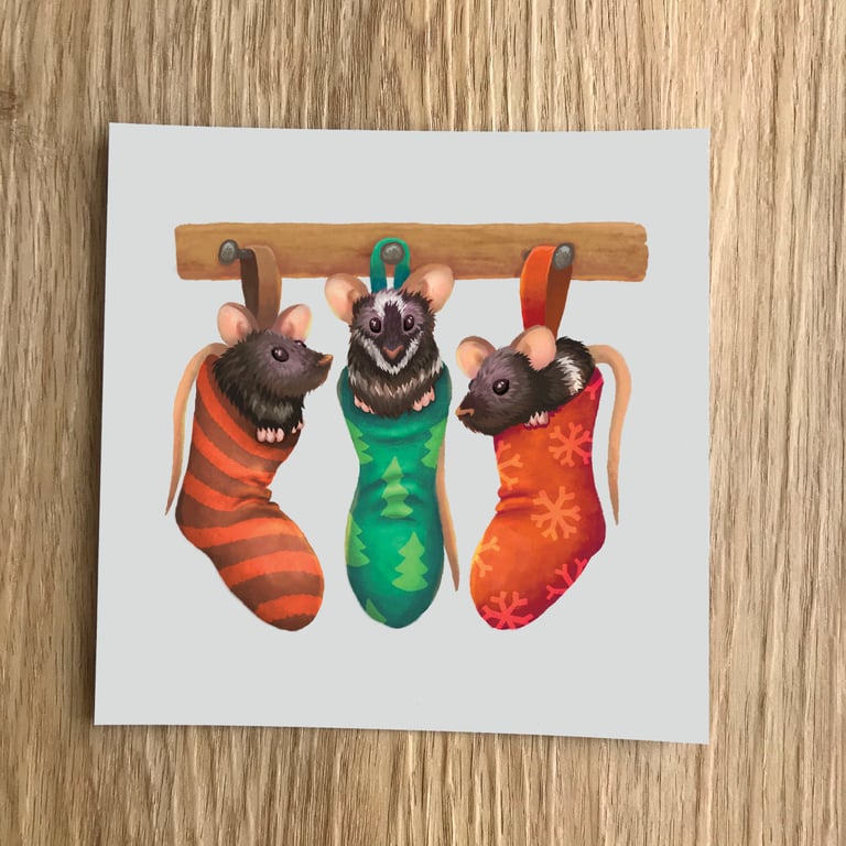 Seasonal Mice Square Post Card Print