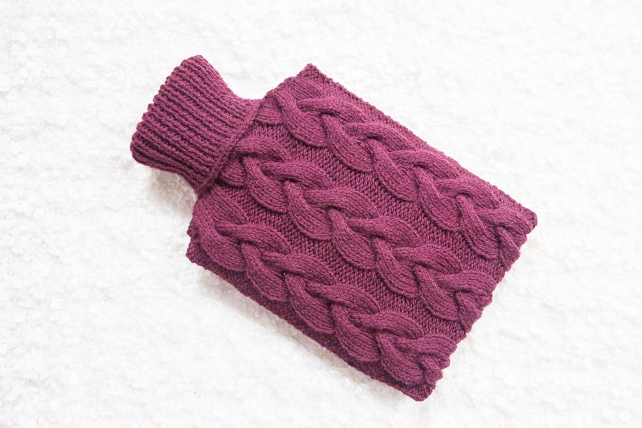 Hand knitted hot water bottle cover, cosy in plum. Rustic bedroom, home decor.
