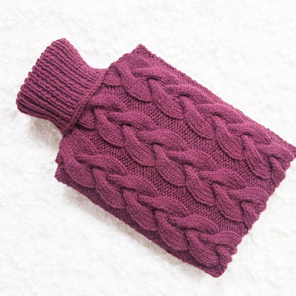 Hand knitted hot water bottle cover, cosy in plum. Rustic bedroom, home decor.