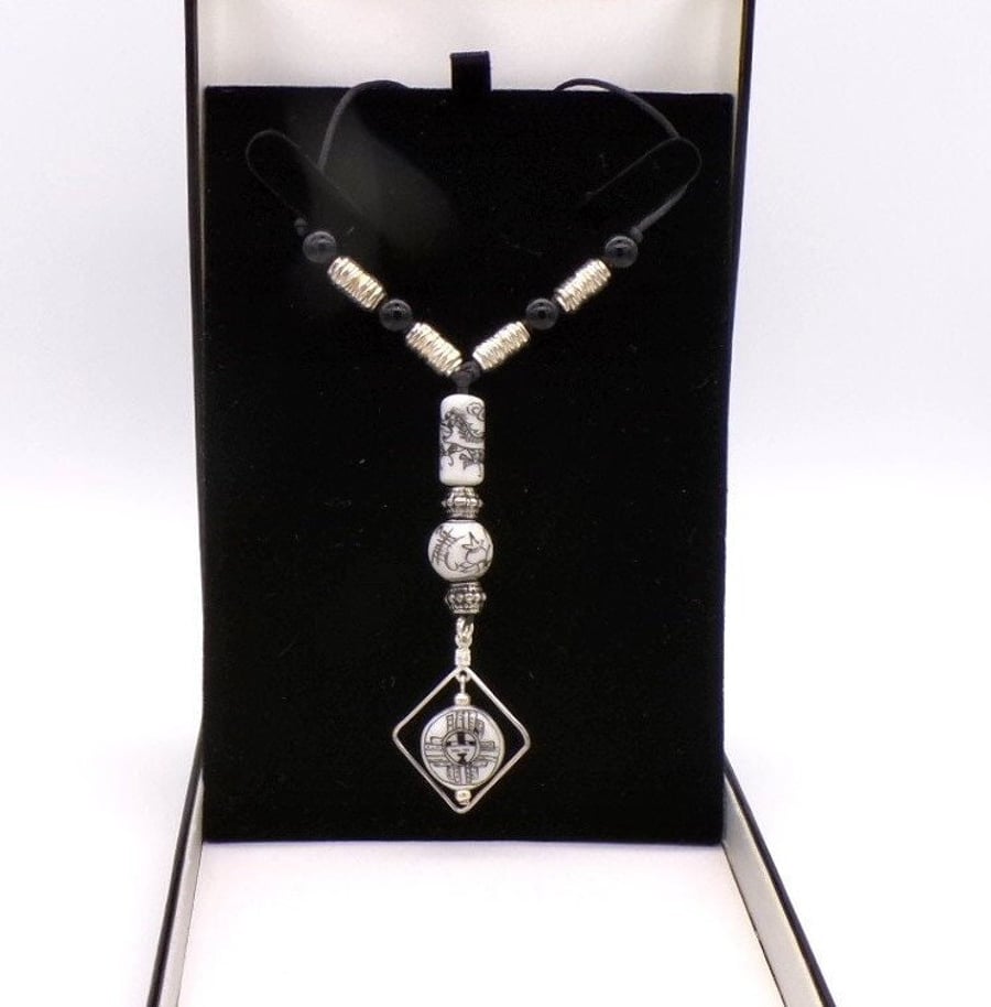 Black Onyx and Ceramic Beaded Necklace - Dragon Motif, 18 Inch Hemp Cord