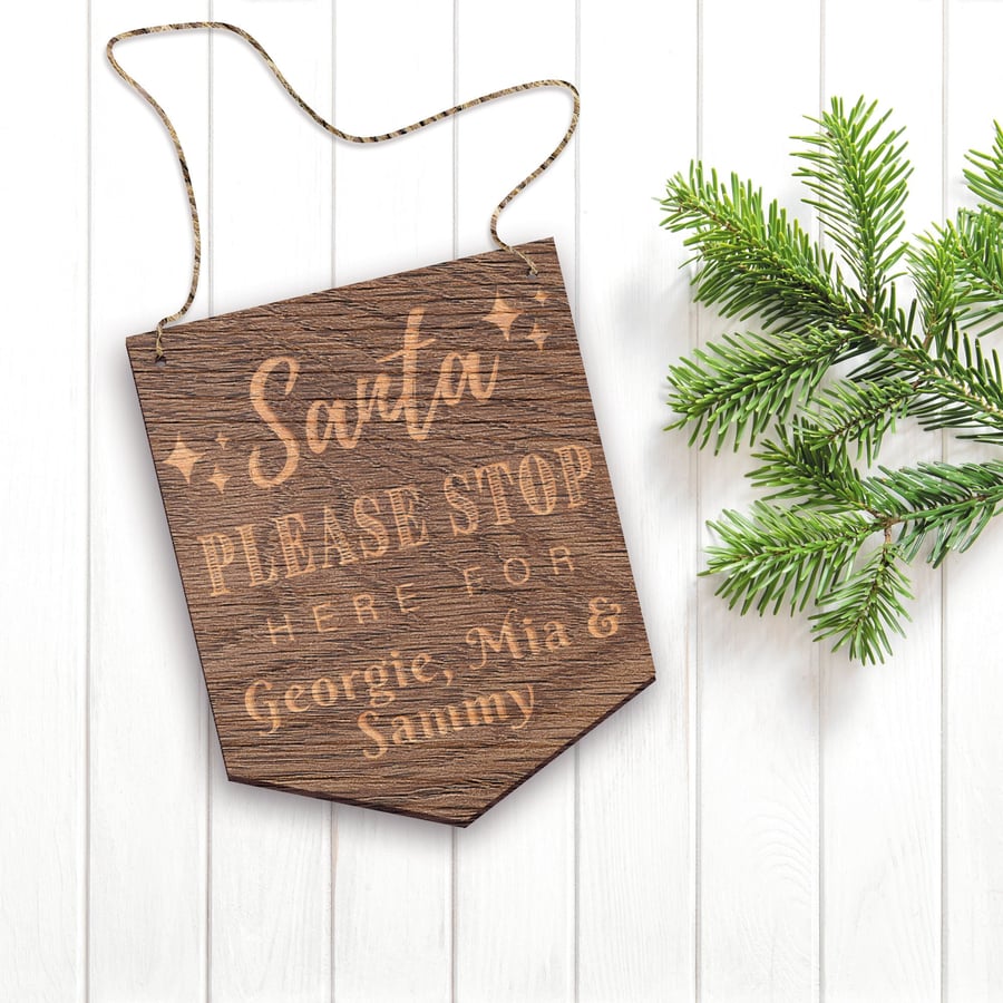 Santa Stop Here Sign Personalised Hanging Plaque For Kids Christmas Santa