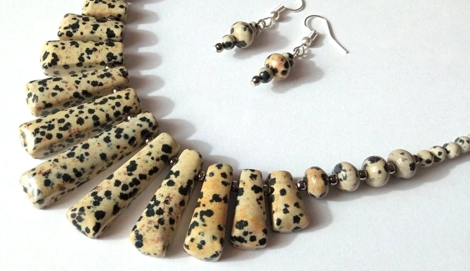 Dalmatian Jasper Necklace & Earrings Gift Set Spotted Gemstone Tapered