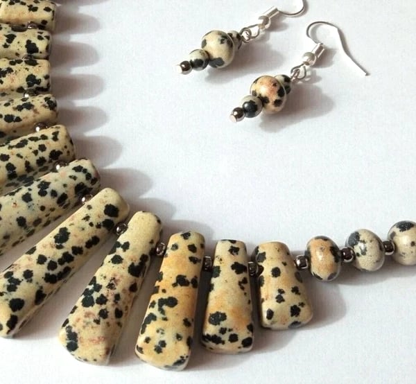 Dalmatian Jasper Necklace & Earrings Gift Set Spotted Gemstone Tapered