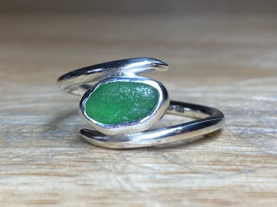 Handmade Sterling & Fine Silver Wrap Ring With Green Welsh Sea-Glass