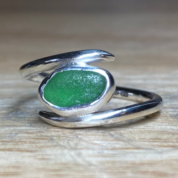 Handmade Sterling & Fine Silver Wrap Ring With Green Welsh Sea-Glass