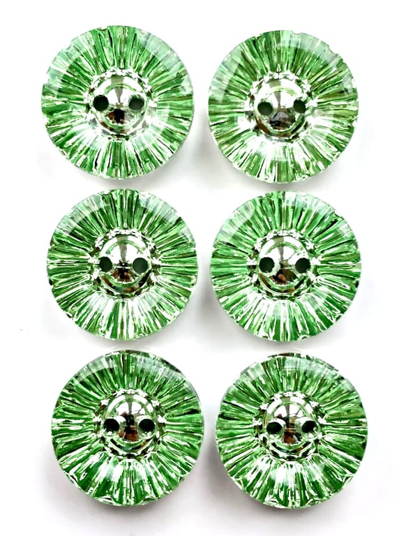 6 Crystal Style Dish Buttons, Green, 13mm Wide, Sparkly, Acrylic, Silver Back