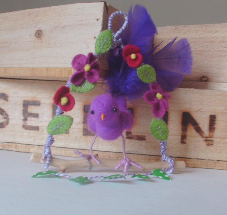 Needle felted bird,bird on a branch,nursery decor,purple felt bird