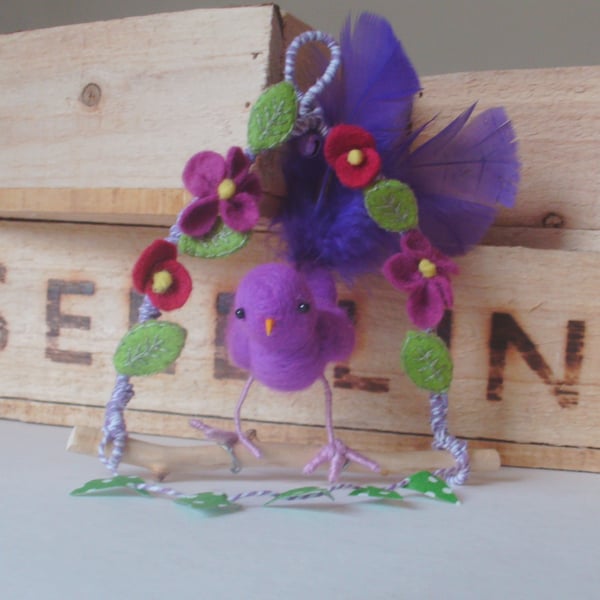 Needle felted bird,bird on a branch,nursery decor,purple felt bird