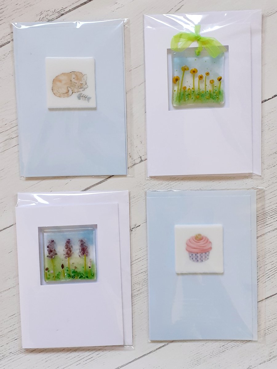 Fused glass blank keepsake 2-in-1 greetings cards, mixed set of four cards