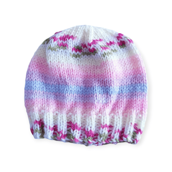 Hand Knitted Baby Hat 0-3 Months, Pink Flowers Beanie, Girls Hat, Baby Gifts