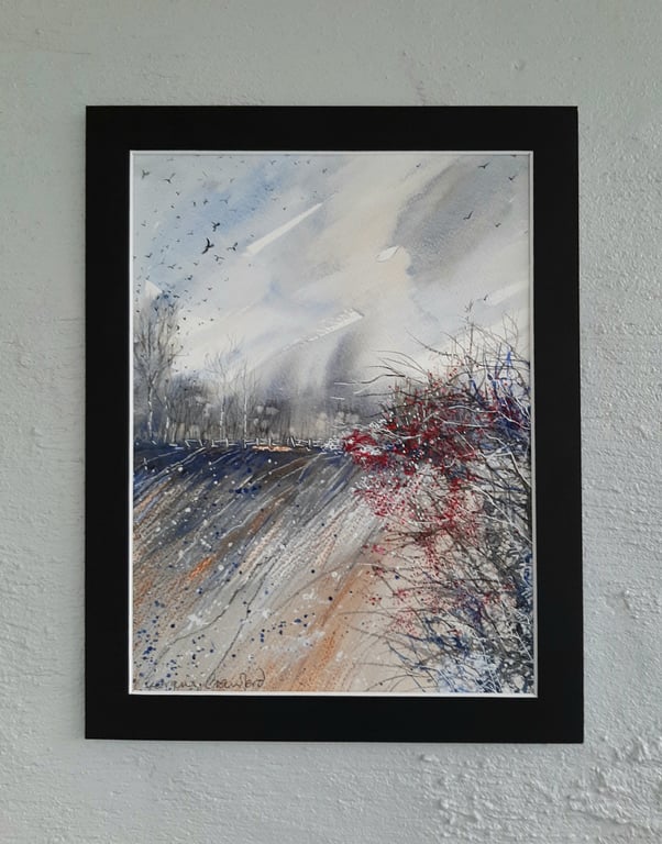 Hedgerow Berries. Mixed Media Landscape Painting. Gift