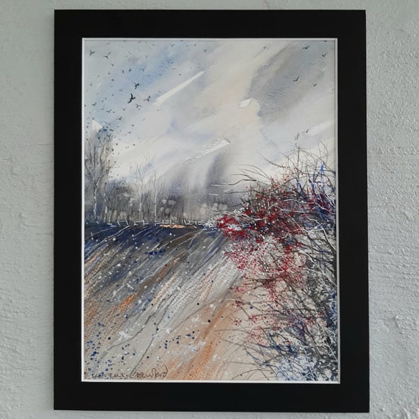 Hedgerow Berries. Mixed Media Landscape Painting. Gift