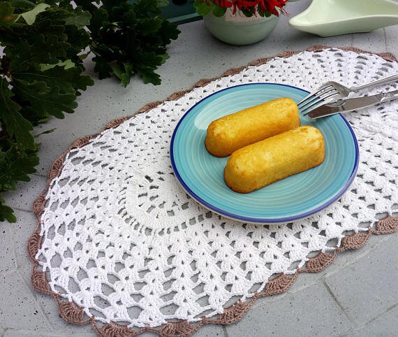 Crochet white and brown colour oval place mat handmade home gift