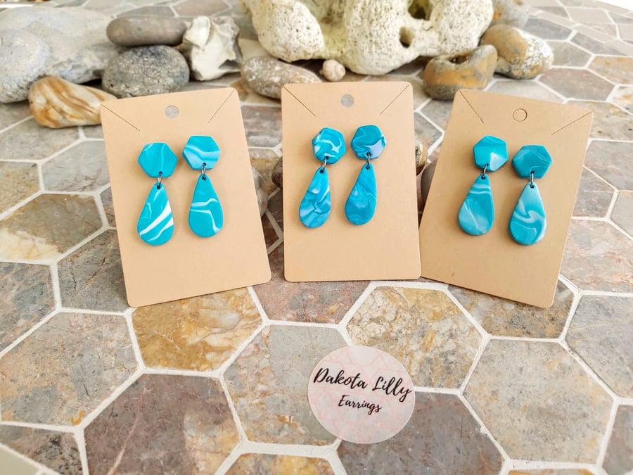 Turquoise and White stud with drop earrings, handmade polymer clay