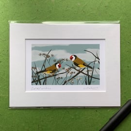 Goldfinches - print from digital illustration with mount. Garden birds.