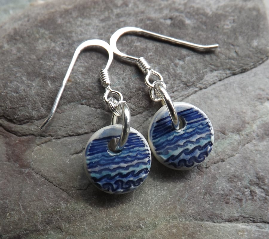 Handmade ceramic and sterling silver Waves drop earrings