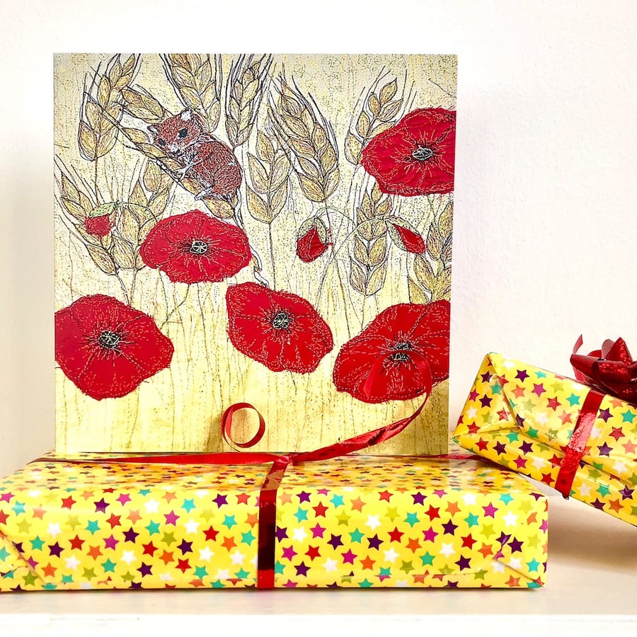 Harvest mouse birthday card - field mouse, poppies, cornfield, male 