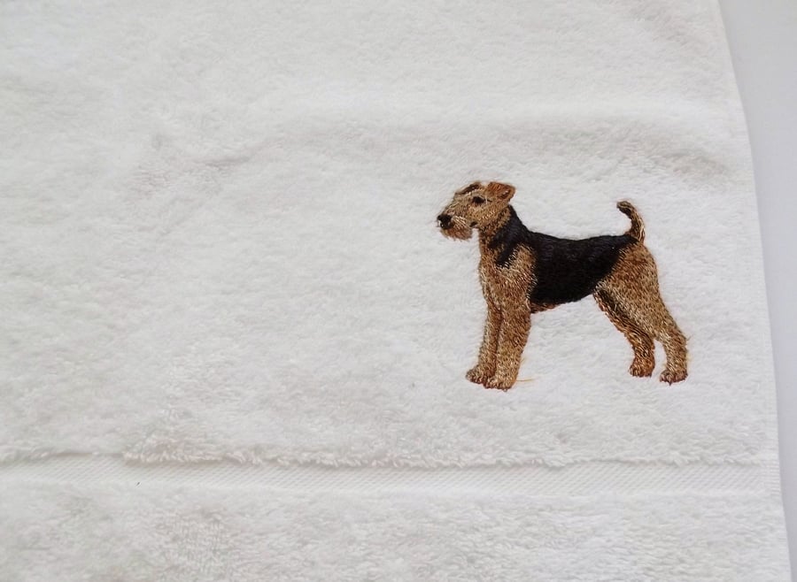 Airedale Terrier Dog Embroidered Hand Towel. White, T4