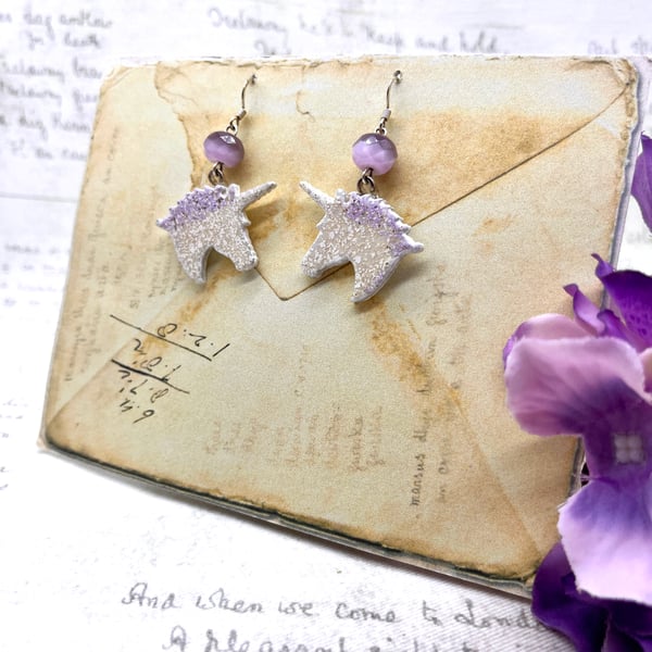 Unicorn silhouette wood dangle earrings white and lilac fantasy lover