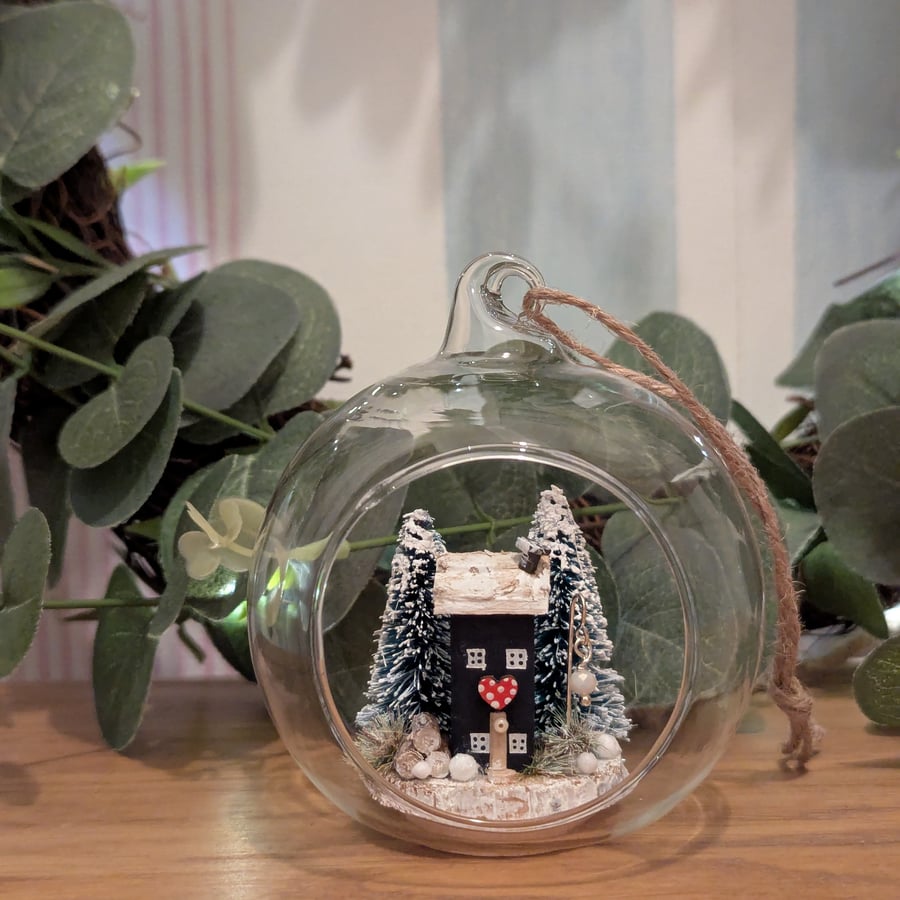 Glass Bauble Christmas Decoration with Cottage Scene