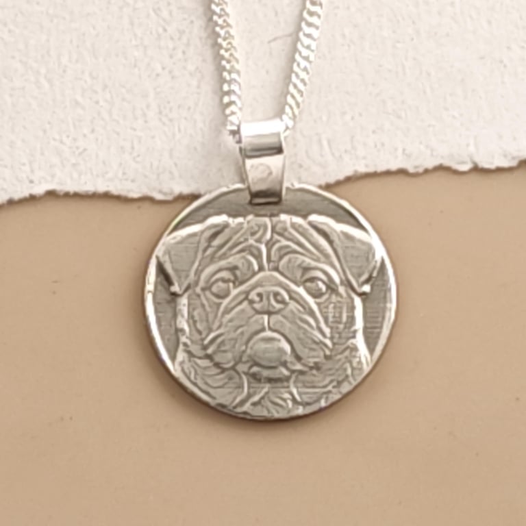 Pug Dog Necklace Sterling Silver Engraved Pet Lover Gift