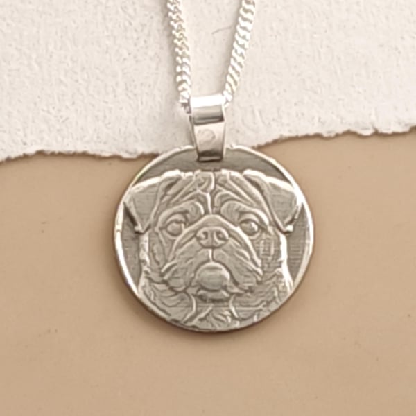Pug Dog Necklace Sterling Silver Engraved Pet Lover Gift