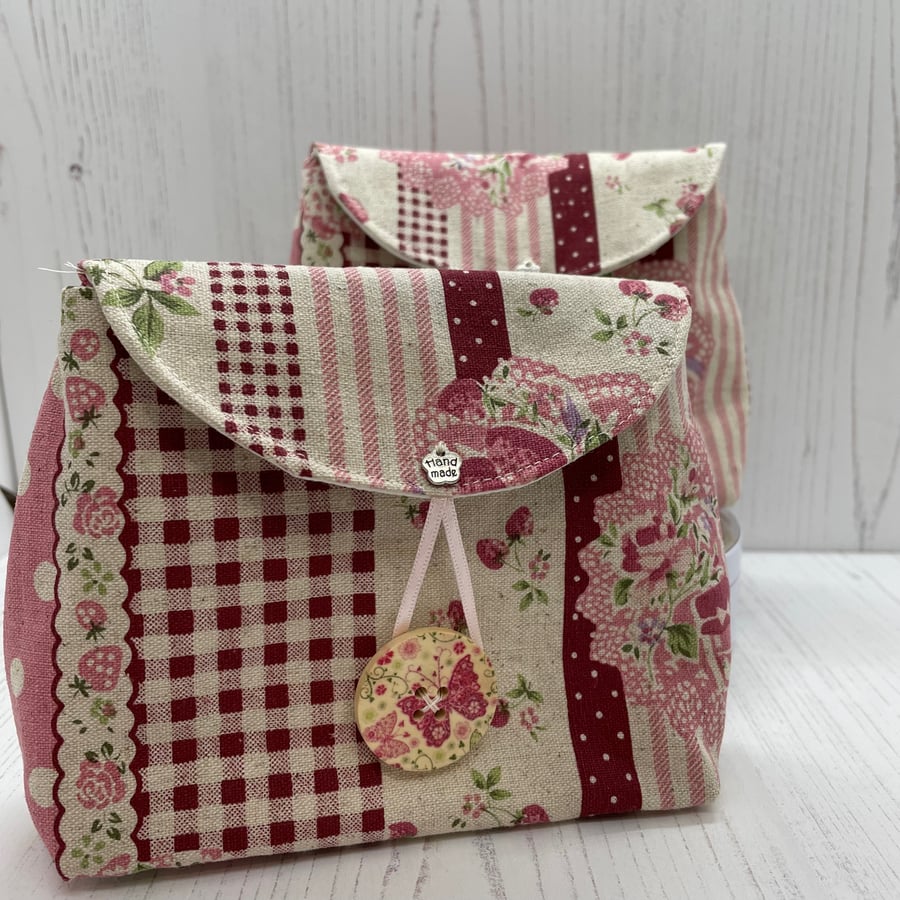 Strawberry print linen pouch, clutch, make up bag PB8