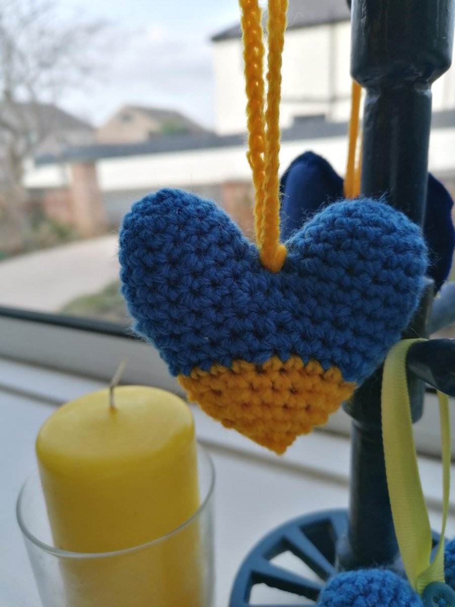 Ukraine Charity Donation, Blue and Yellow, Crocheted Hanging Heart 