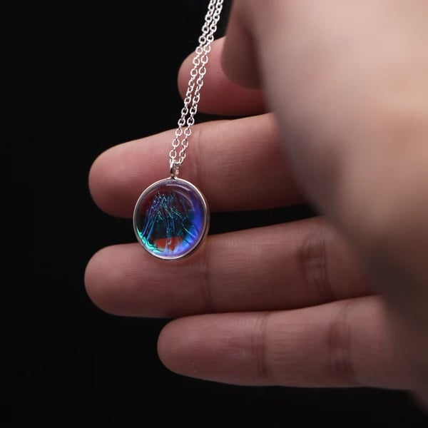 Luna Full Moon Necklace - Peacock, Iridescent Pendant, 925 Sterling Silver Chain