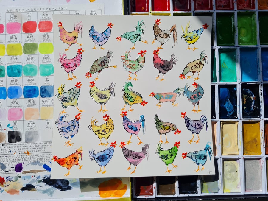 Whimsical Chickens, Hand-Painted original artwork