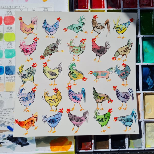 Whimsical Chickens, Hand-Painted original artwork