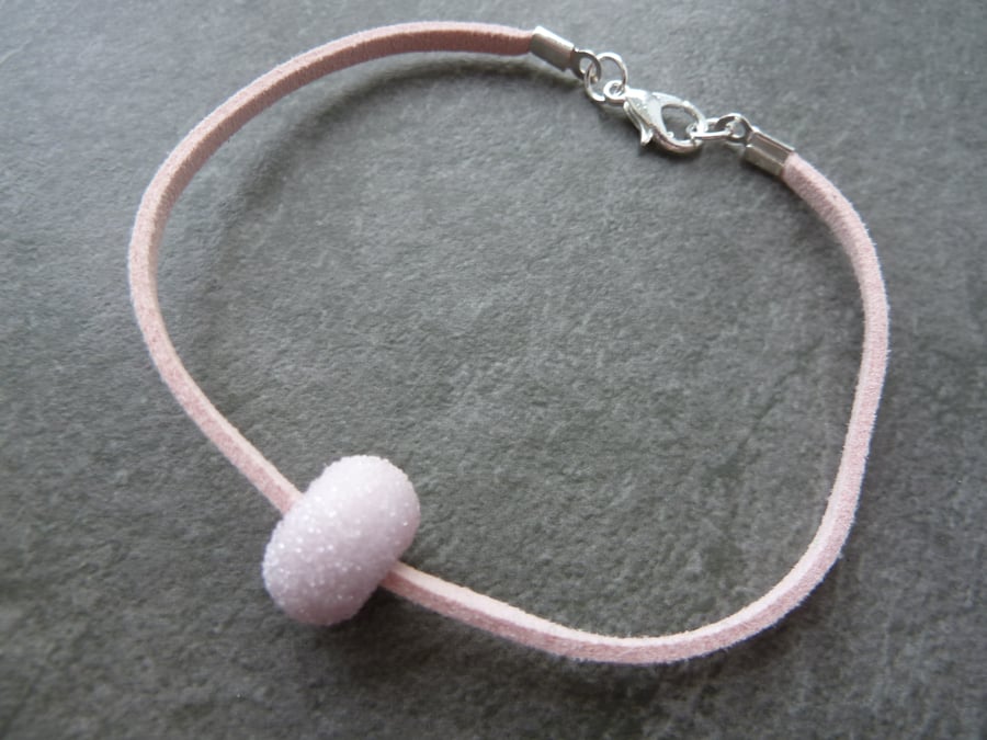 pink faux suede lampwork glass bracelet