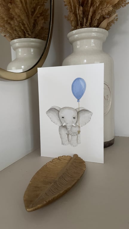 Hand painted baby elephant with blue balloon greeting card