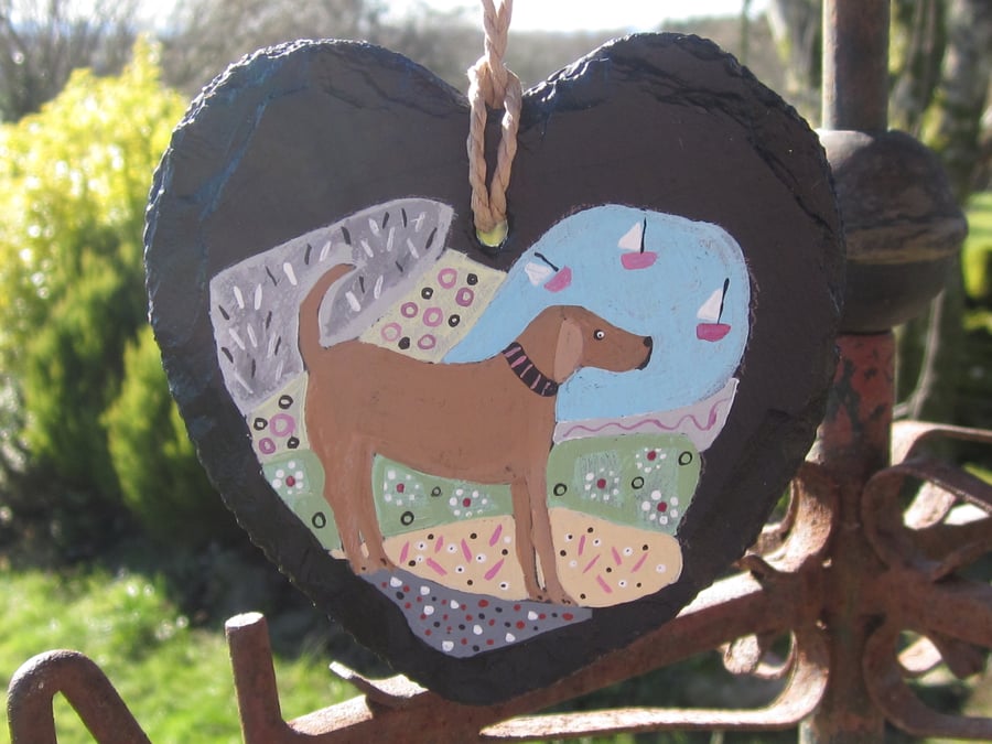 Slate, hand painted heart with illustration of a dog