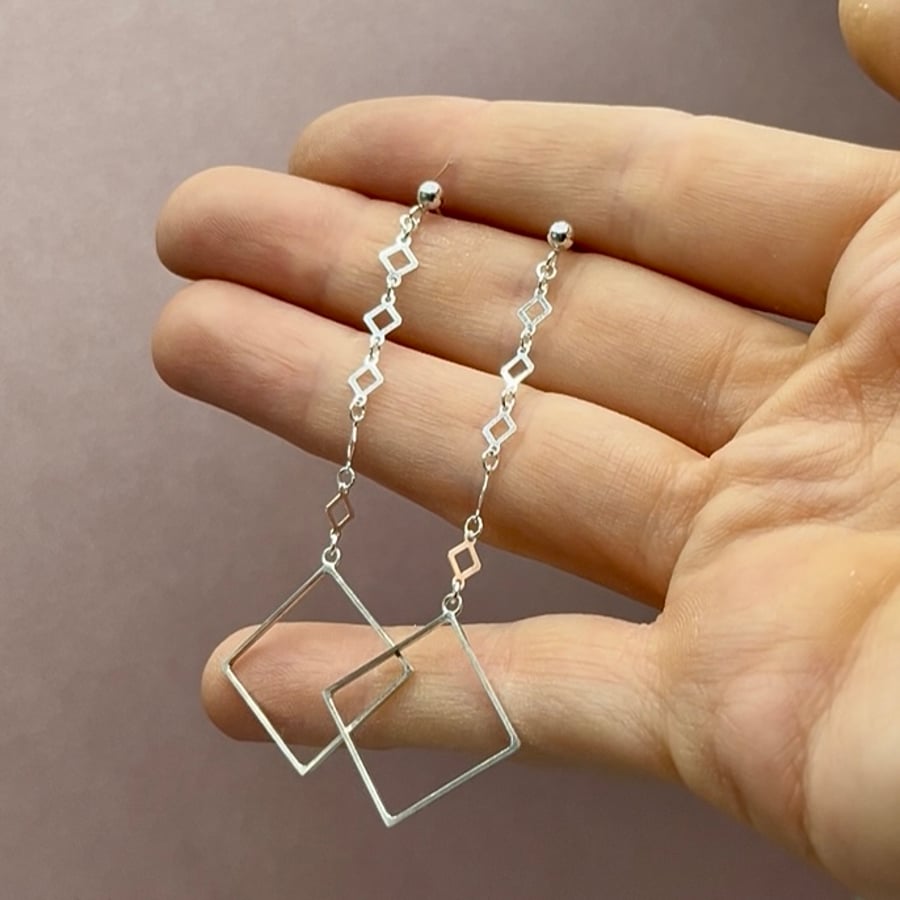 Geometric Long Drop Earrings – Sterling Silver, Handmade