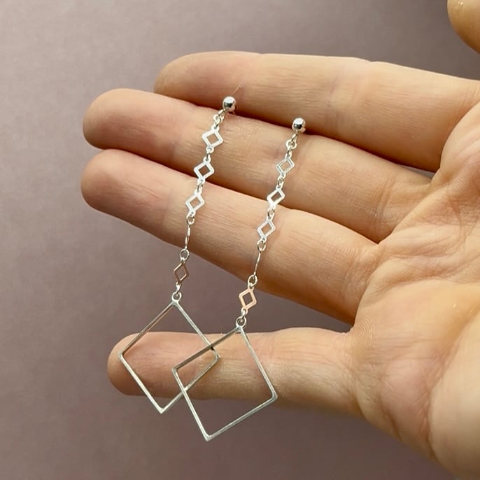 Geometric Long Drop Earrings – Sterling Silver, Handmade