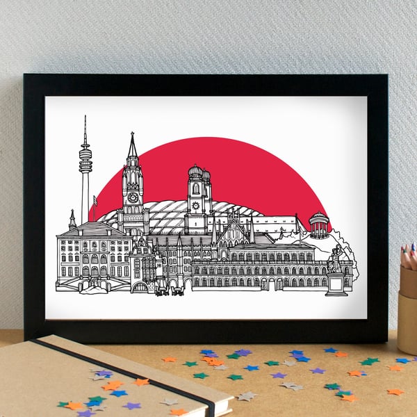 Munich Skyline Print - featuring Allainz Arena