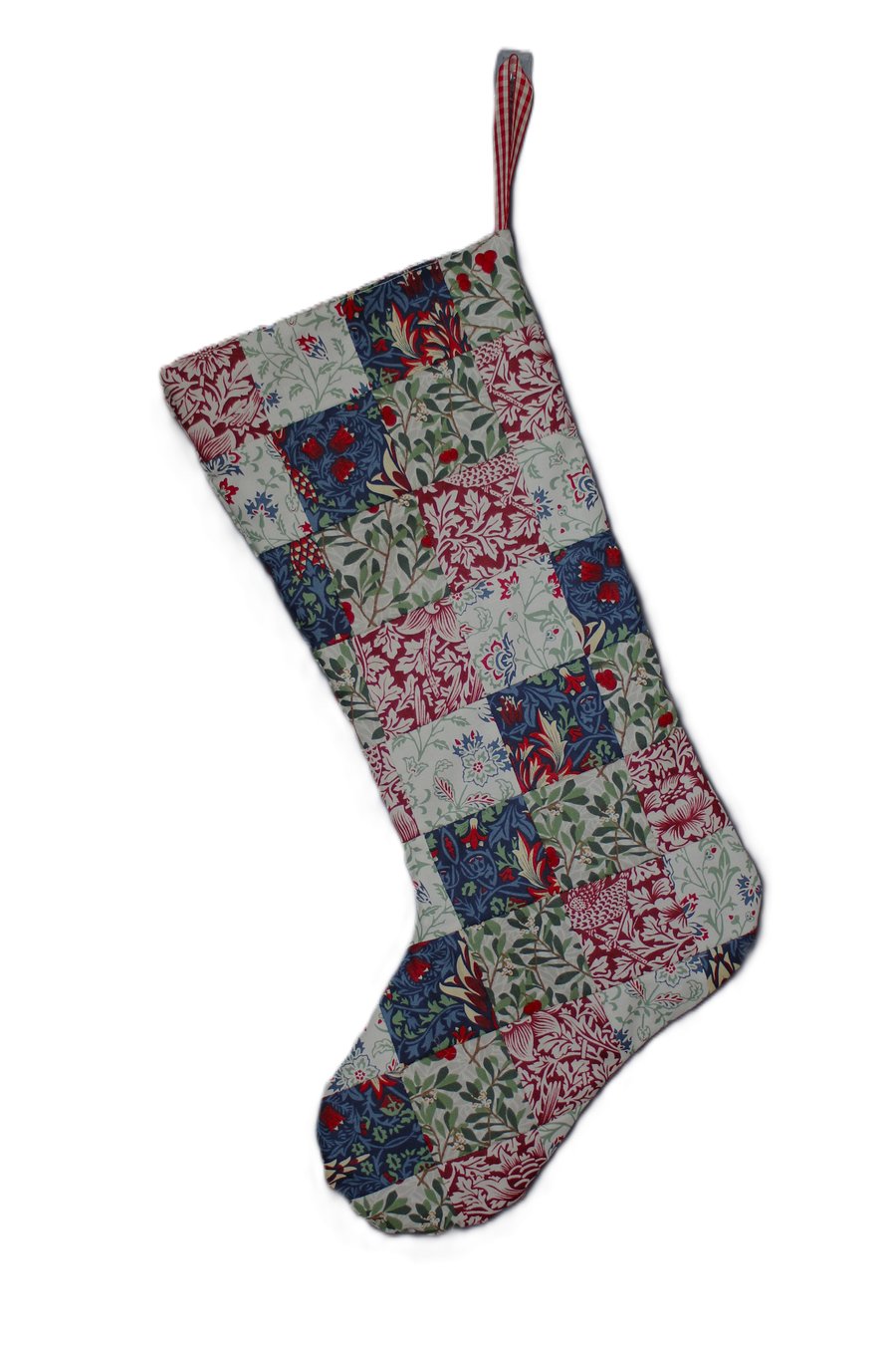 Patchwork Christmas stocking made from William Morris Winter Berry fabrics