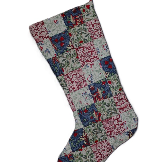 Patchwork Christmas stocking made from William Morris Winter Berry fabrics