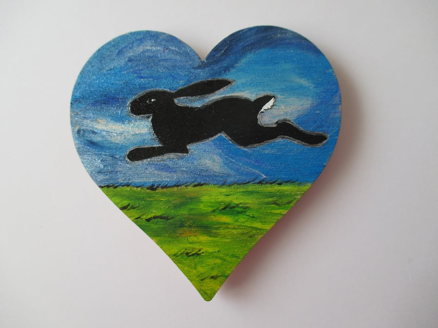 Bunny Rabbit Wooden Love Heart Fridge Magnet Hand Painted Black Rabbit