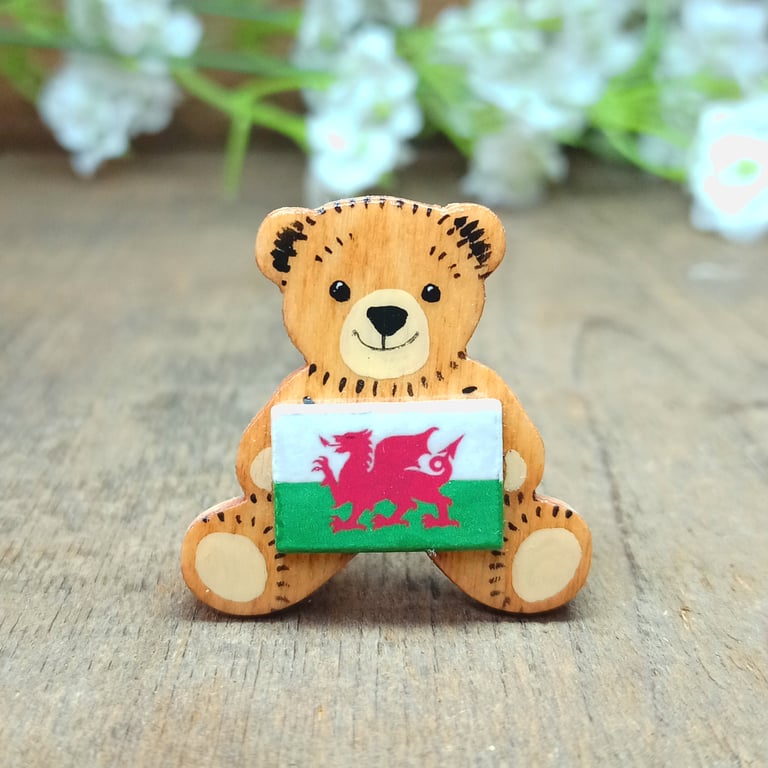 Wales Flag Bear Pin, Handmade Teddy Bear Badge, Little Wooden Welsh Gift