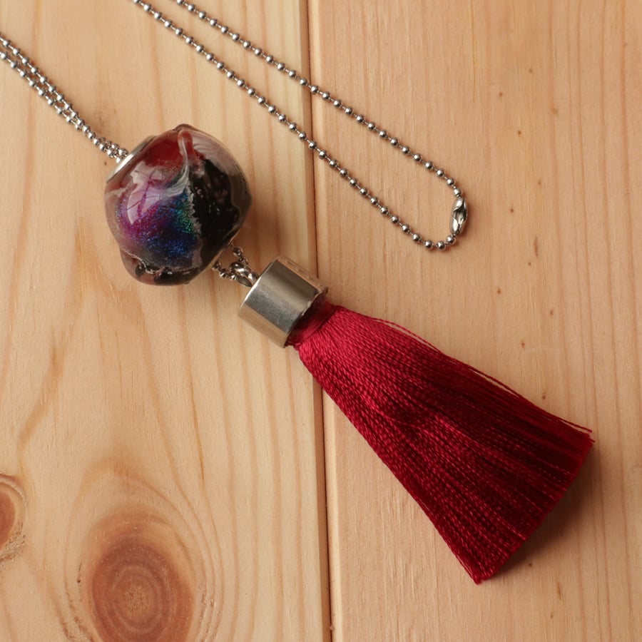 Sparkling Dichroic Tassel Long Necklace Glass Bead on Stainless Steel Chain