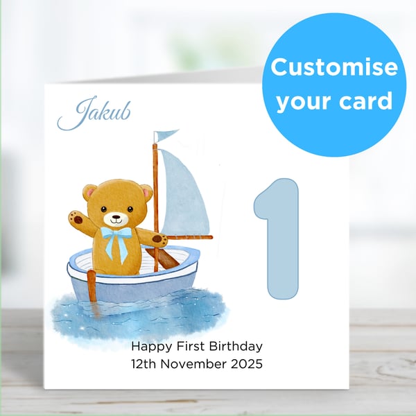 Teddy Bear in Blue Boat Birthday Card for Baby Little Boy Toddler