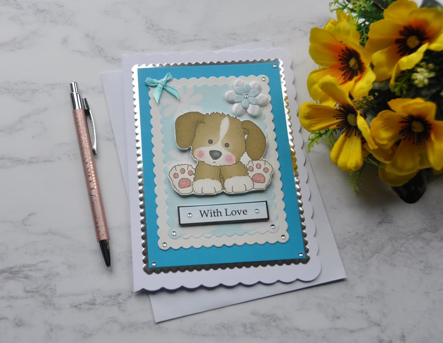 Brown White Puppy Dog and Flowers 3D Luxury Handmade Card With Love Blue