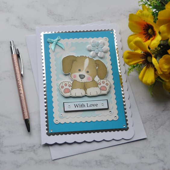 Brown White Puppy Dog and Flowers 3D Luxury Handmade Card With Love Blue