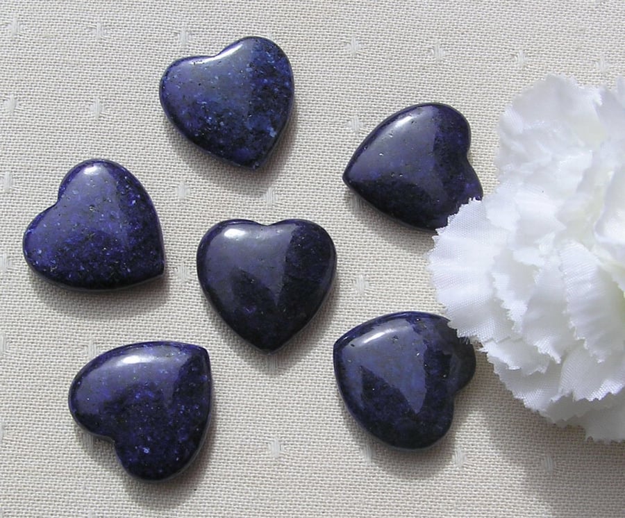 6 Blue Dumortierite Solid Gemstone Polished Hearts - 20mm - Chakra - Crafting